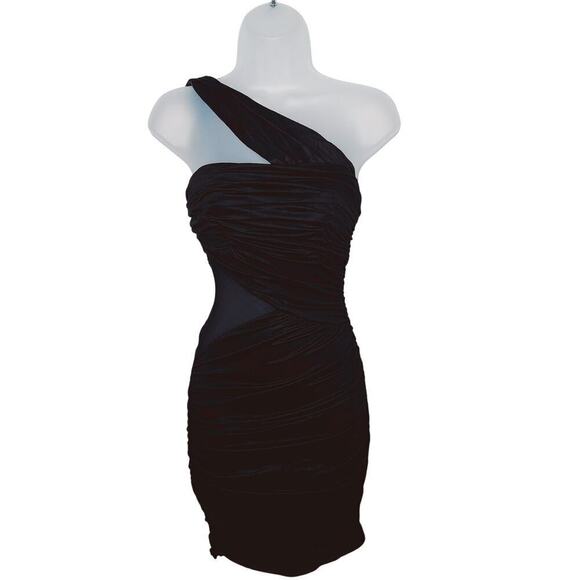 Vintage Y2K Bebe Bodycon Dress Asymmetric Sheer Mesh Side Cut Out Ruched XS  Prom